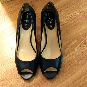 Cole Haan, blk peep-toe, 4 inch heels